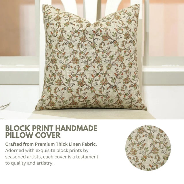 Textile Fabdivine Throw Pillow Cover 14x14 Inch Handmade Thick Linen Cushion With Block Print- Varanshi For Sale - Image 7 of 8