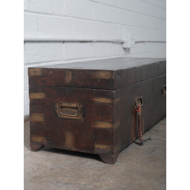 Vintage Dark Wood Indian Storage Chest With Brass Plate Joinery and Key For Sale In Greensboro - Image 6 of 7