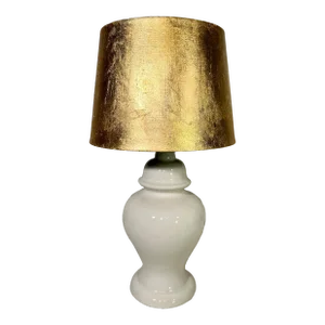 Vintage Mid-Century Small White Ginger Jar Lamp With Gold Gilded Shade