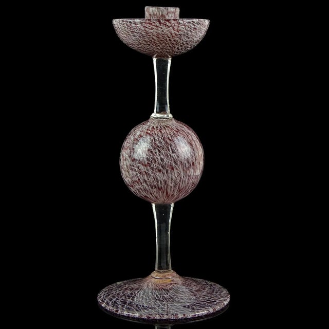 Beautiful and rare, vintage Murano hand blown purple and white ribbons Italian art glass decorative candle holder. The...