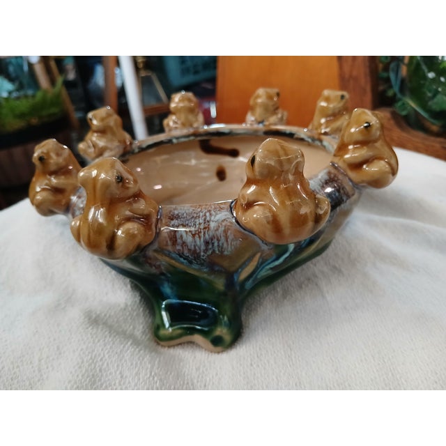 Folk Art Vintage Majolica California Pottery 8 Frog Ceramic Planter Drip Glaze Blue Green Brown For Sale - Image 3 of 10