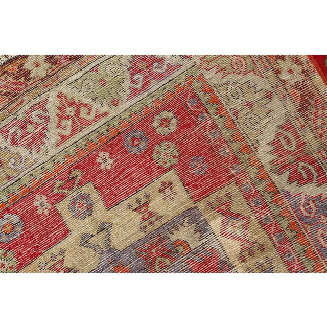 Textile Colorful Antique Turkish Small Oushak Carpet in Multi Layered Design For Sale - Image 7 of 14