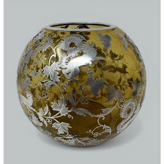 Antique Vintage Sterling Silver Overlaid Amber Glass Bowl Vase Centerpiece 1900 For Sale - Image 4 of 8