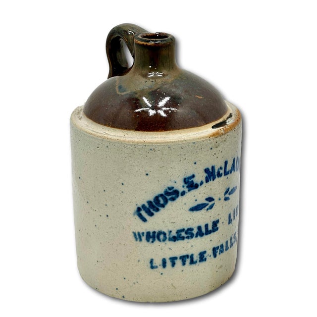 American Nice Small Antique 1/2 Gallon Size Stoneware Wholesale Liquor Merchants Jug From Little Falls New York For Sale - Image 3 of 18