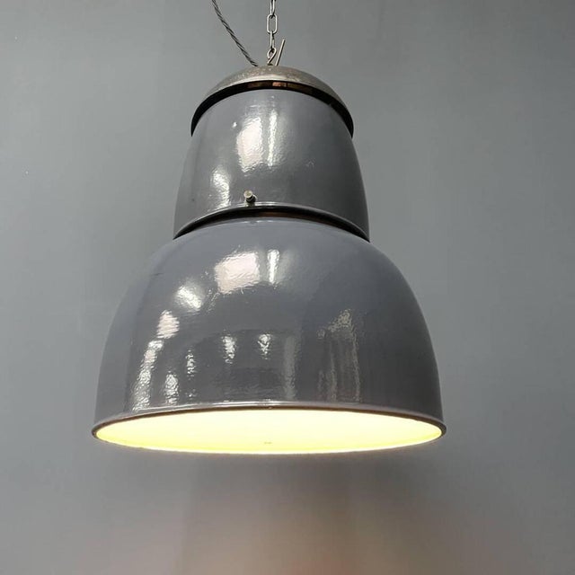 Paint Large Industrial Blue-Gray Enamel Hanging Lamp, 1940s For Sale - Image 7 of 18