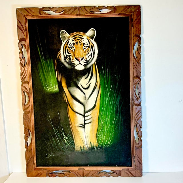 1950s Vintage Boho Chic Mexican Safari Bengal Tiger Painting For Sale - Image 4 of 11