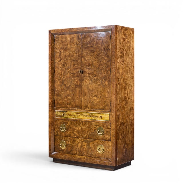 Mid-Century Modern Bernhard Rohne for Mastercraft Mid Century Burlwood and Acid Etched Brass Armoire Dresser For Sale - Image 3 of 9