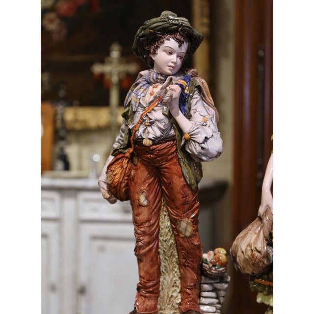 Italian Pair of 20th Century Italian Hand-Painted Porcelain Figurine Statues For Sale - Image 3 of 12