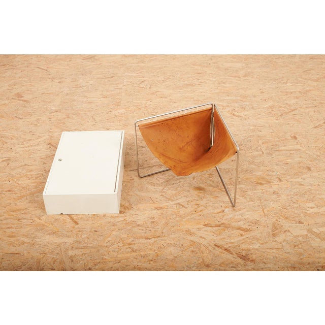 Metal Folding Metal Frame Box with Leather Compartment in White Painted Plywood from Wohnhilfe, 1950s For Sale - Image 7 of 12