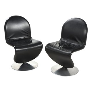 Set of Black Leather Model 1-2-3 Side Chairs by Verner Panton for Fritz Hansen, 1970s For Sale