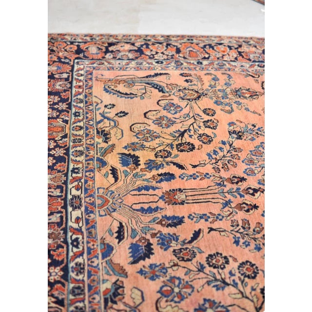 Antique Botanical Sarouk GEM Salmon, Coral, Pink & Peacock Blue Rug 10.3 x 13.4 For Sale In Milwaukee - Image 6 of 14