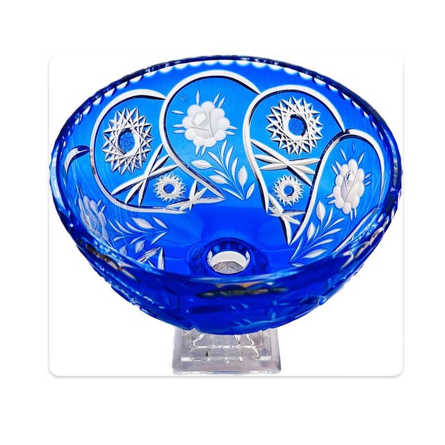 Blue Large Bohemian Style Blue Crystal Centrepiece Pedestal Bowl on Ball Stem and Square Base, 1960s For Sale - Image 8 of 12