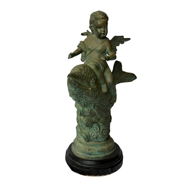20th Century Continental Verdigris Bronze Putto Riding Fish Sculpture For Sale - Image 9 of 11