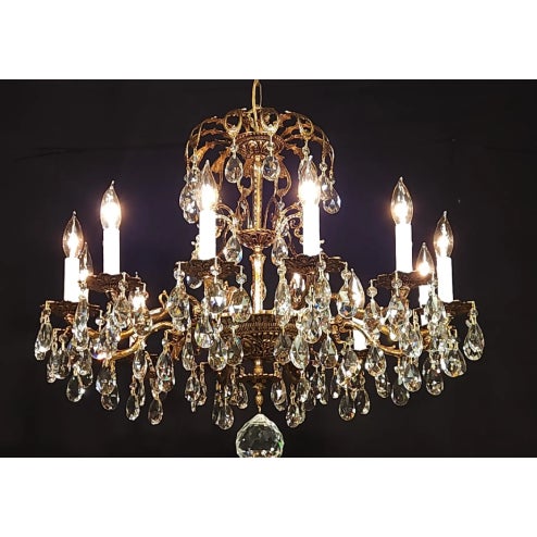 1950s Huge Vintage French Brass 12 Arm 12 Light Cut Lead Crystal Chandelier For Sale - Image 6 of 7