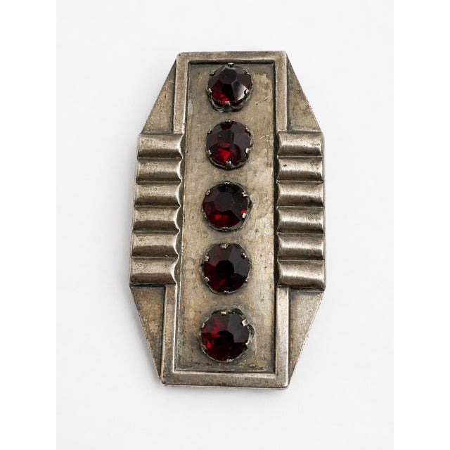 Art Deco Revival Geometric Bronze Brooch with Ruby-Red Crystals from Erte, 1980s For Sale - Image 6 of 9