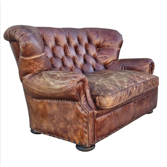 5 Foot Restoration Hardware Churchill Tufted Leather Sofa Loveseat For Sale - Image 12 of 18