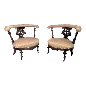 Early 20th Century Pair of Victorian French Style Mahogany Vanity Accent Side Chairs