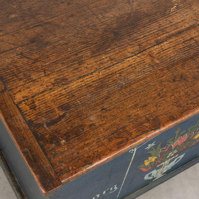 1926 Original Blue Hand-Painted Pine Flat Top Trunk For Sale - Image 6 of 15