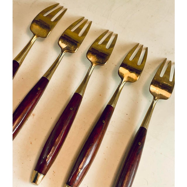 Mid 20th Century Rosewood & Brass Small Desert H'Ordreves Forks Flatware Set of 5 For Sale - Image 11 of 11