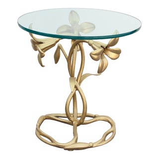 1970's Lilly Flower Gold Metal Side Table With Glass Top For Sale