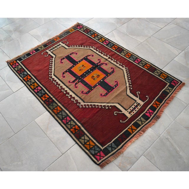 1960s 1960s Handmade Turkish Kilim Rug Flat Weave Tribal Area Rug - 3'6" X 4'11" For Sale - Image 5 of 8