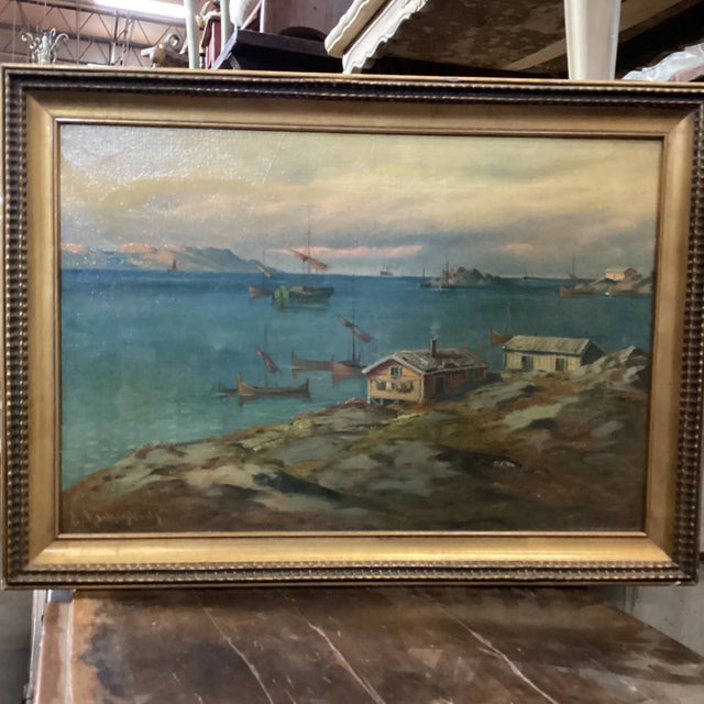 Wood Early 20th Century Swedish Small Harbor Painting, Framed For Sale - Image 7 of 10