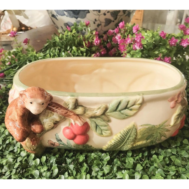 Vintage Yellow Red Green Whimsical Oval Regency Monkey Tropical Cache Pot Planter For Sale In West Palm - Image 6 of 9