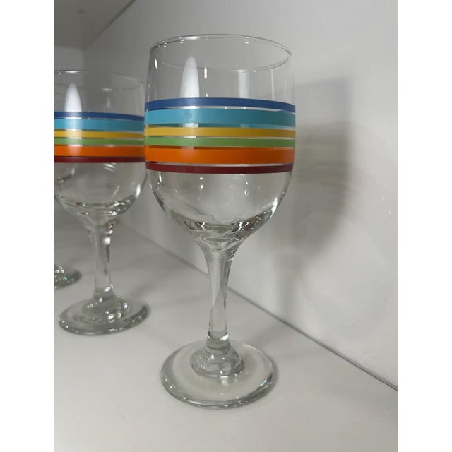 Gold 1960s Set of 5 Colorful Glass Striped Fiesta Ware Wine - Water Goblets For Sale - Image 8 of 9