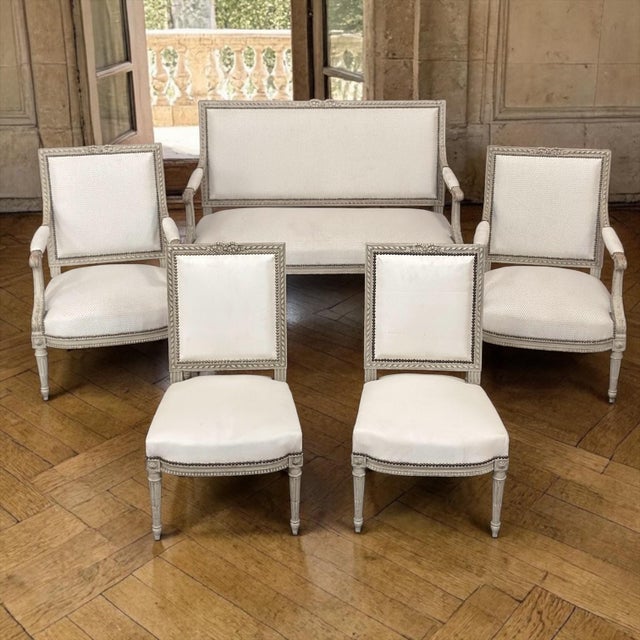 Elegant 19th century Louis XVI painted canapé ~ settee from a grand salon set was discovered in a Paris apartment, and...