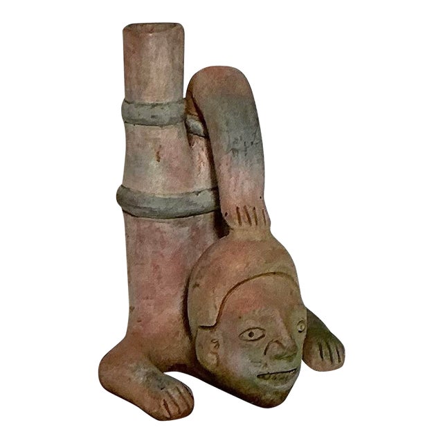 Pre Columbian Aztec Pottery Amerca Style Headstand Figure Vase 10" X 7" X 7" For Sale