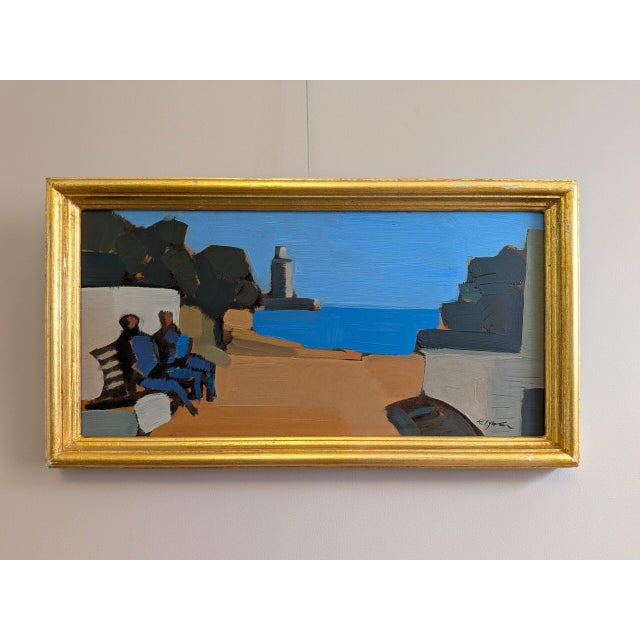 SEASIDE CONVERSATION Size: 11.8 x 21.5 inches (including frame) Oil on board A beautifully pared-back mid-century coastal...