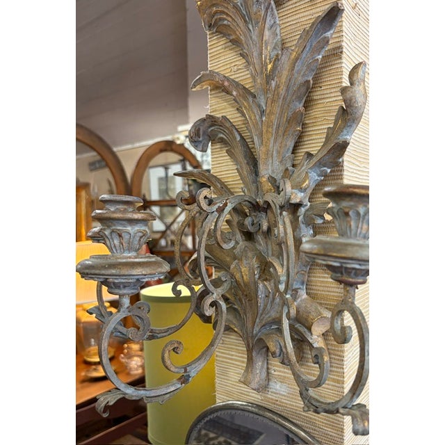Mid-Century Modern Mud Century Three Arm Gilt Wood Italian Wall Sconce for Candles, Signed Made in Italy For Sale - Image 3 of 6