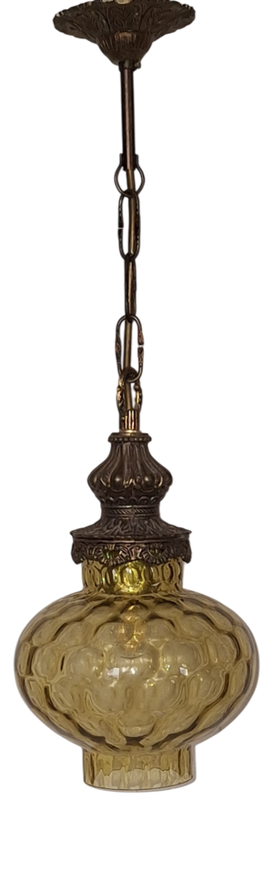 Vintage Pendant Lamp with Ornate Brass Frame and Amber-Tinted Glass Shade, 1970s