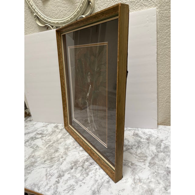 Vintage unique earthy toned elegant geisha painting in a moody serene setting of leaves and trees. Mounted and framed.