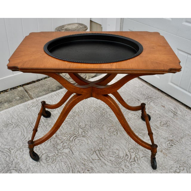 Mid-Century Modern Fruitwood Serving Cart Mid Century Modern Removable Tray Rolling Bar Table 60s For Sale - Image 3 of 12