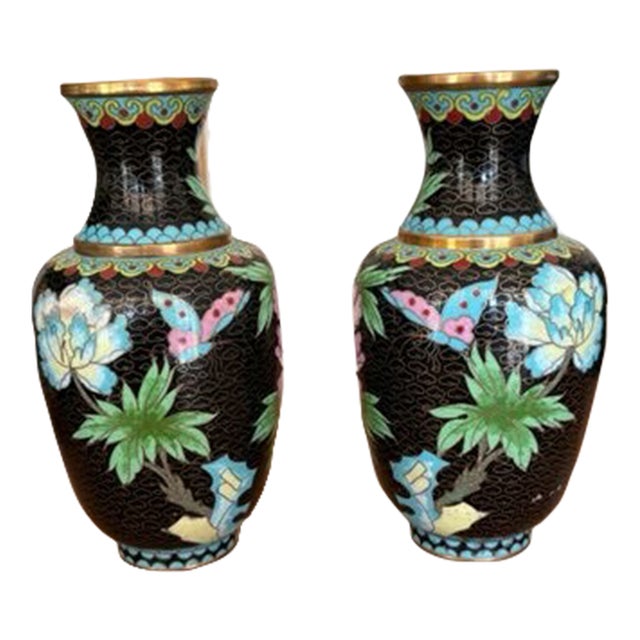 Early 20th Century Pair of Black Cloisonné Vases W/ Pink and Blue Florals For Sale