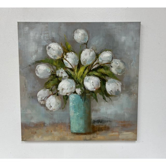 A soft and elegant original oil painting on canvas featuring a loose bouquet of white florals arranged in a cool turquoise...