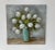 A soft and elegant original oil painting on canvas featuring a loose bouquet of white florals arranged in a cool turquoise...