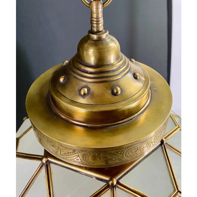 1990s Art Deco Style Globe White Milk Glass & Brass Pendant Chandelier Lantern For Sale - Image 5 of 15