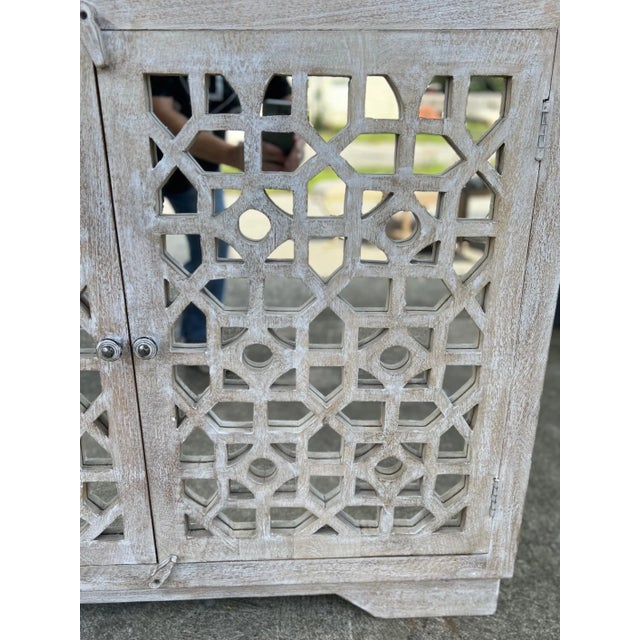 Coastal Boho Carved Glass Door Whitewashed Cabinet For Sale - Image 9 of 9