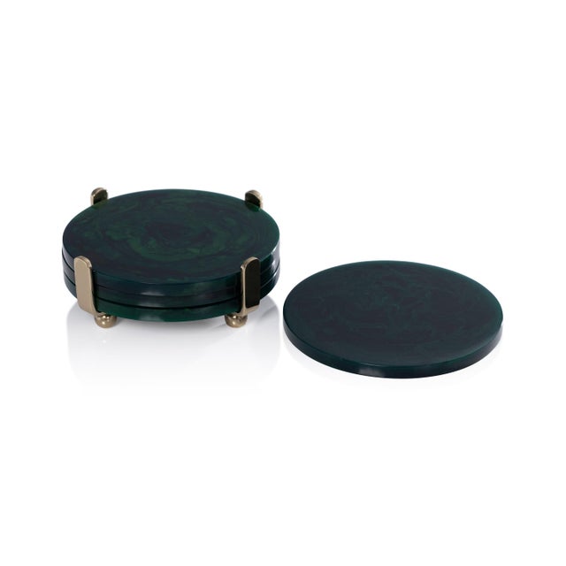 2020s Spiga 4-Piece Set Green Coasters on Gold Stand For Sale - Image 5 of 5