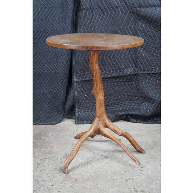 Wood Late 20th Century Rustic Adirondack Sculptural Oak Branch Side Accent Table Round Cabin Lodge For Sale - Image 7 of 11