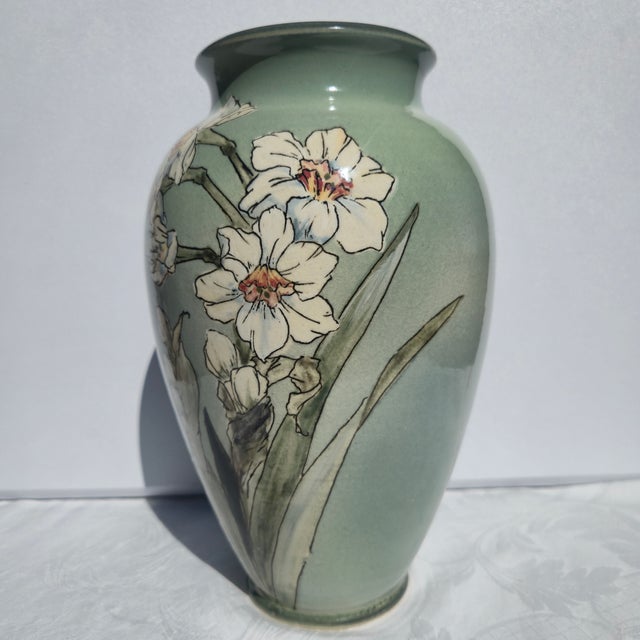 1980s Hand-Painted Celedon Vase Artist-Signed For Sale - Image 11 of 11