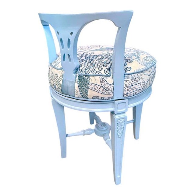 Mid-Century Modern Vintage Vanity Stool in Benjamin Moore Soft Sky Blue With Cowtan & Tout Upholstery For Sale - Image 3 of 6