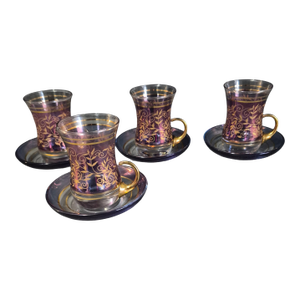 Vintage Turkish Tea Cup Set for Four Elegant Purple Gilded Glass