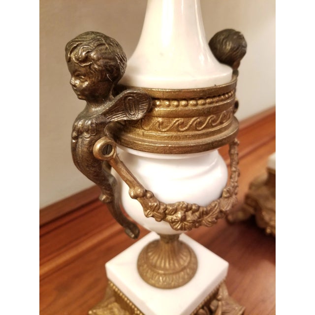 Vintage Italian Pair of 7-Light Gilt Bronze & Marble Figural Cherub Candelabras For Sale - Image 12 of 18