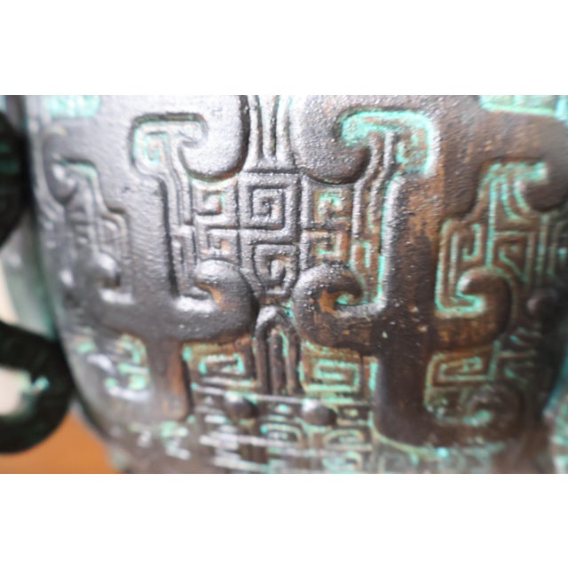 Metal Vintage James Mont Style Hollywood Regency Faux Bronze Chinese Archaic Ice Bucket For Sale - Image 7 of 12