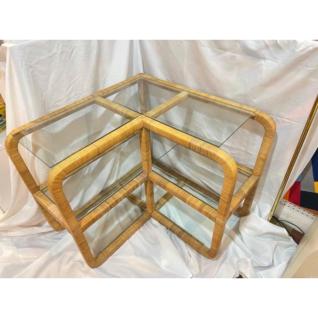 Mid-Century Modern 1970's Bielecky Brothers Wrapped Rattan and Glass Waterfall Corner Etagere For Sale - Image 3 of 14