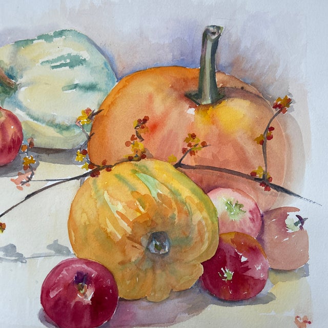 1980’s original impressionist autumn watercolor still life painting on uneven edge paper . Image measures about 15.5x12.5...