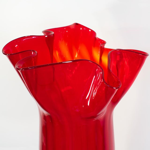 Glass Monumental Ruby Red Murano Art Glass Fazzoletto Vase by Venini For Sale - Image 7 of 13